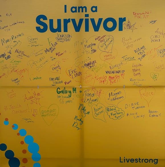 A wall that reads I am a Survivor with signatures