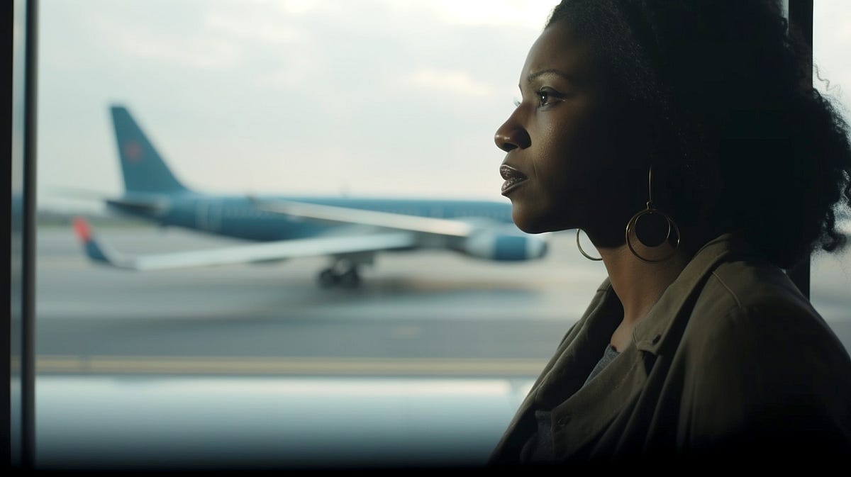 A photo of Sarah, a dark skinned middle age woman watching airplanes coming and going while waiting for her connection.