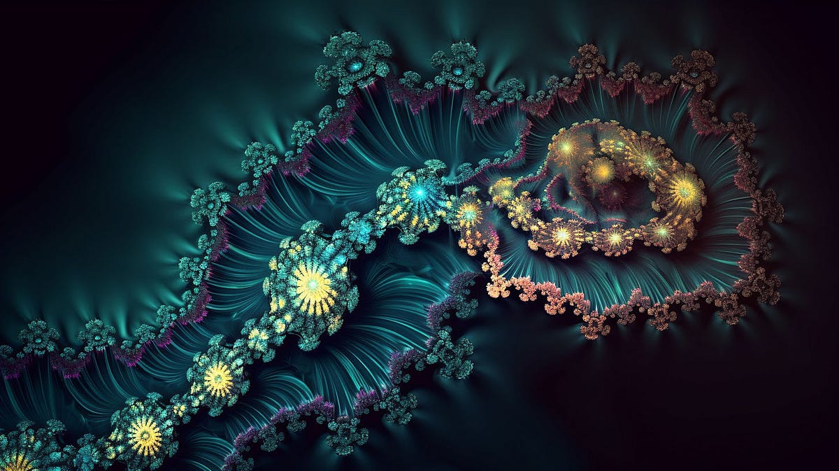 A combination of a Julia fractal and stable diffusion. Image generated by Midjourney, prompt by author