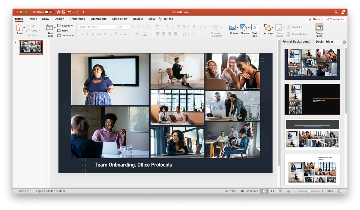 Using multiple stock photos on a single Powerpoint slide can quickly become visually messy — the Design Ideas column on the right will automatically generate tidier grid formats to fit your images into.