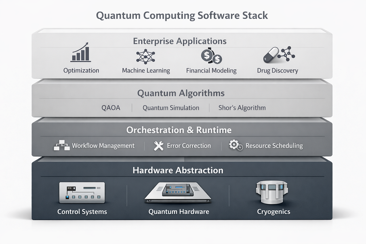 Quantum computing software stack illustrating applications, algorithms, and system integration layers.