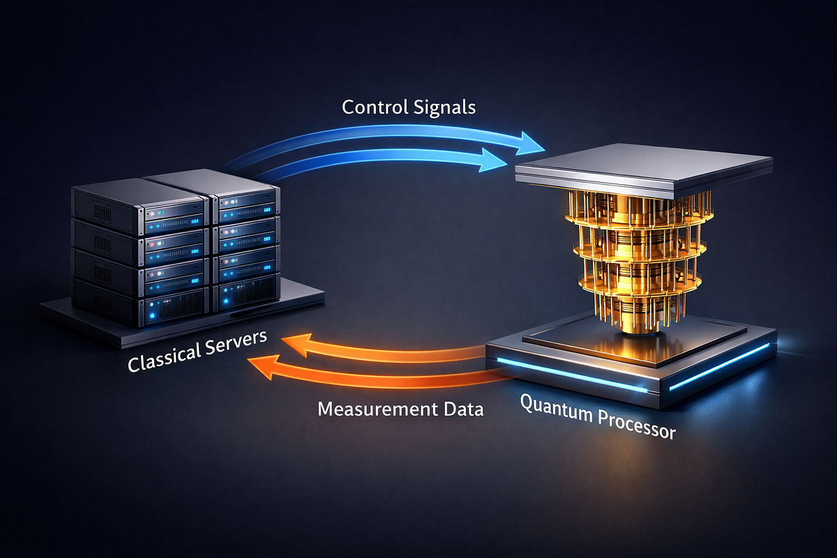Diagram showing data exchange between classical computers and a quantum processor in a hybrid computing workflow.