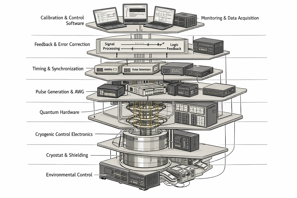 Exploded diagram of the quantum control stack highlighting calibration, timing, and feedback systems surrounding the hardware.