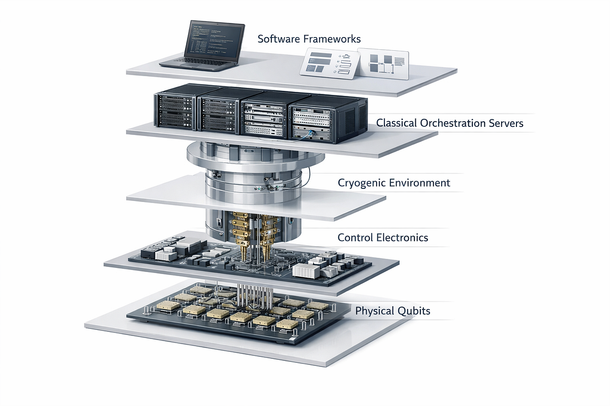 Exploded view of a quantum computing system showing qubits, control electronics, cryogenic infrastructure, software stack, and classical orchestration.