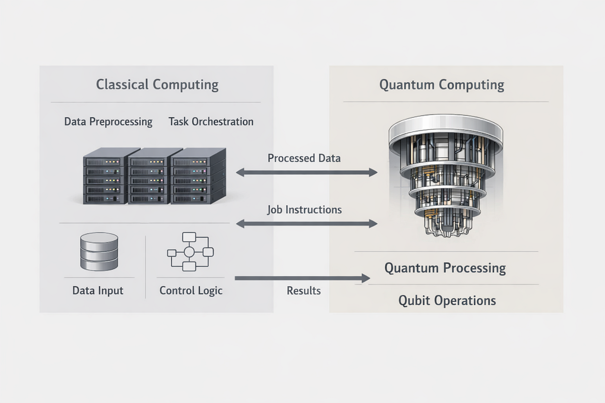 Hybrid classical–quantum computing workflow illustrating how quantum processors augment classical systems.