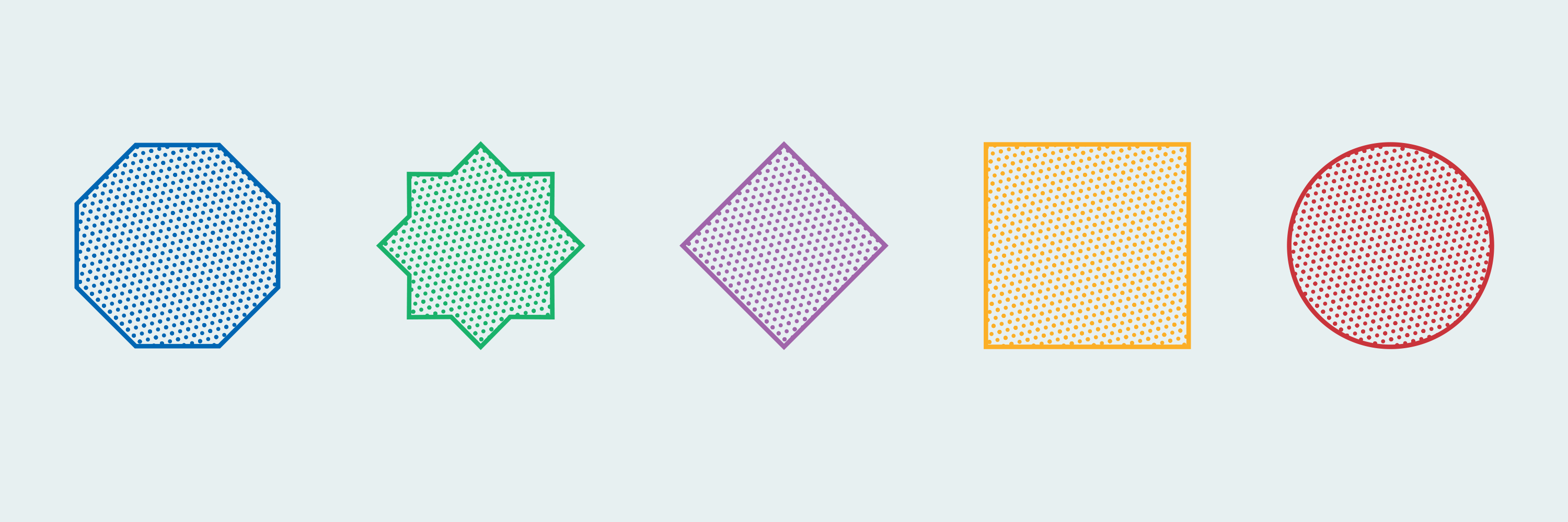 5 coloured basic geometric shapes next to each other: a blue octagon, a green hexadecagon, a purple square standing on a corner, a yellow square and a red circle — all have a dotted filling in their specific colour