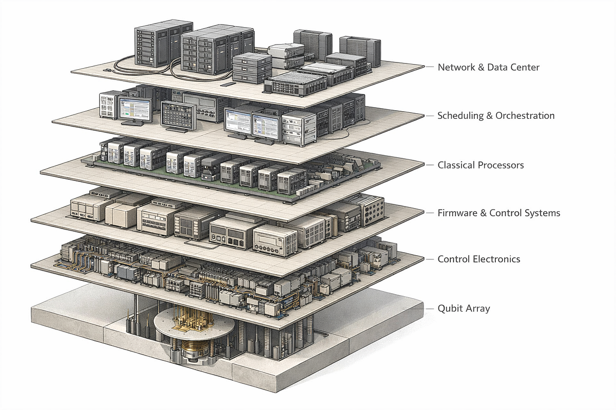 Architectural diagram showing small quantum hardware layers supporting much larger and more complex classical control and orchestration systems.