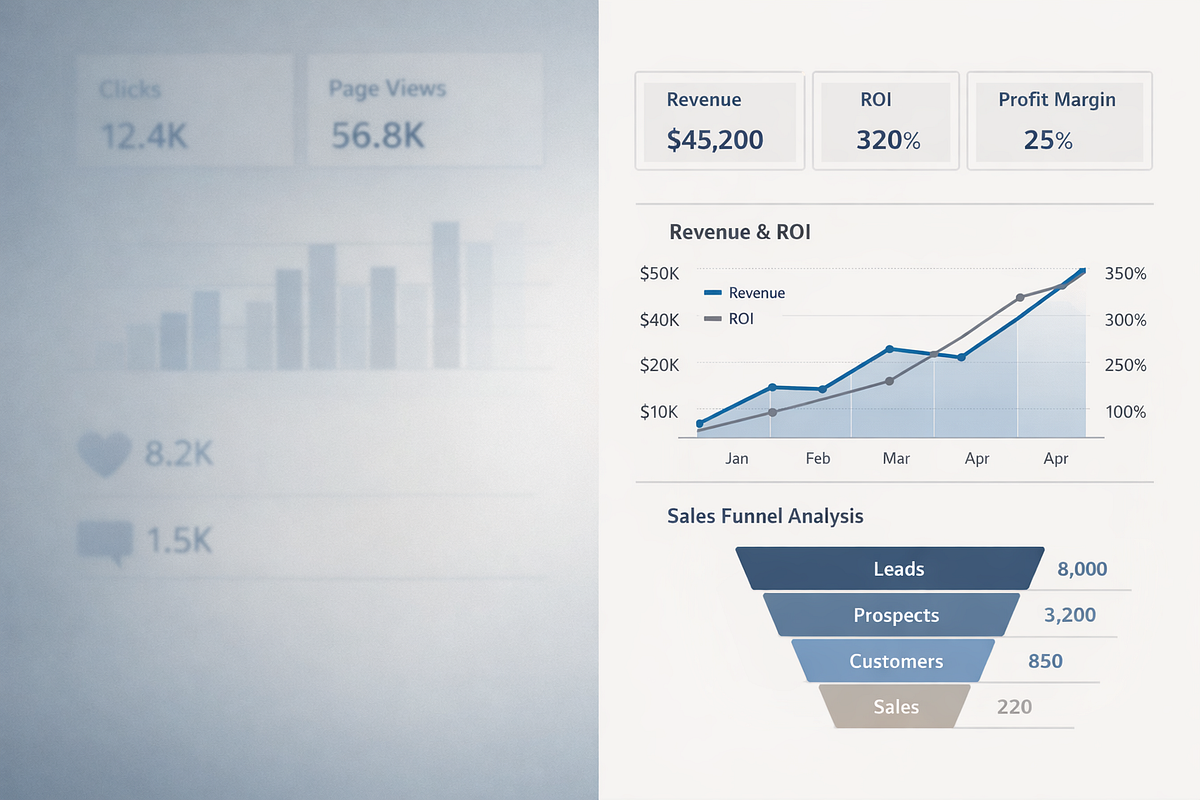 Funnel analytics comparison highlighting revenue and ROI metrics over clicks and vanity engagement data.