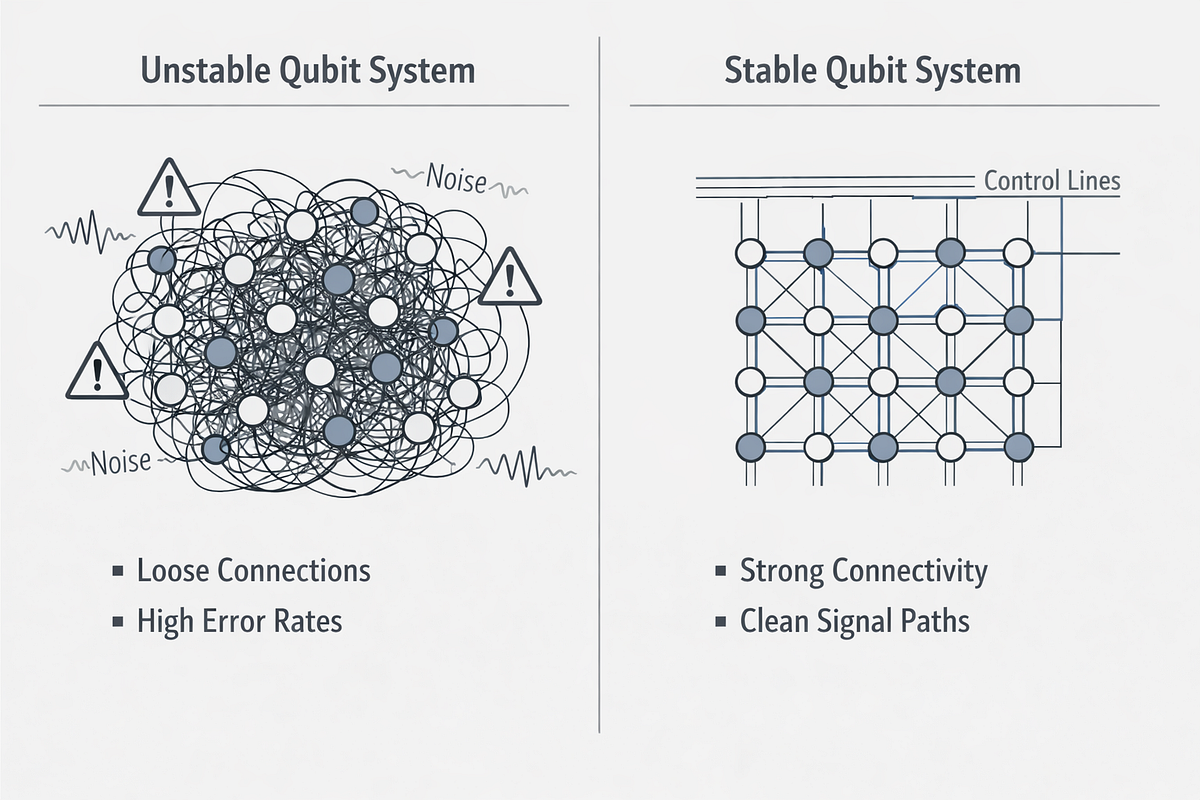 Comparison showing why qubit count alone does not determine quantum computing performance, highlighting the importance of stability, connectivity, and control.