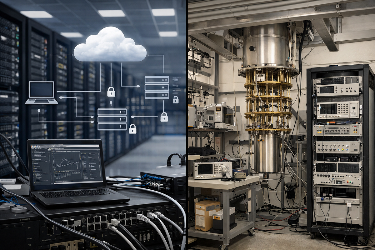 Comparison of cloud-based quantum computing access and on-premises quantum hardware deployment environments.
