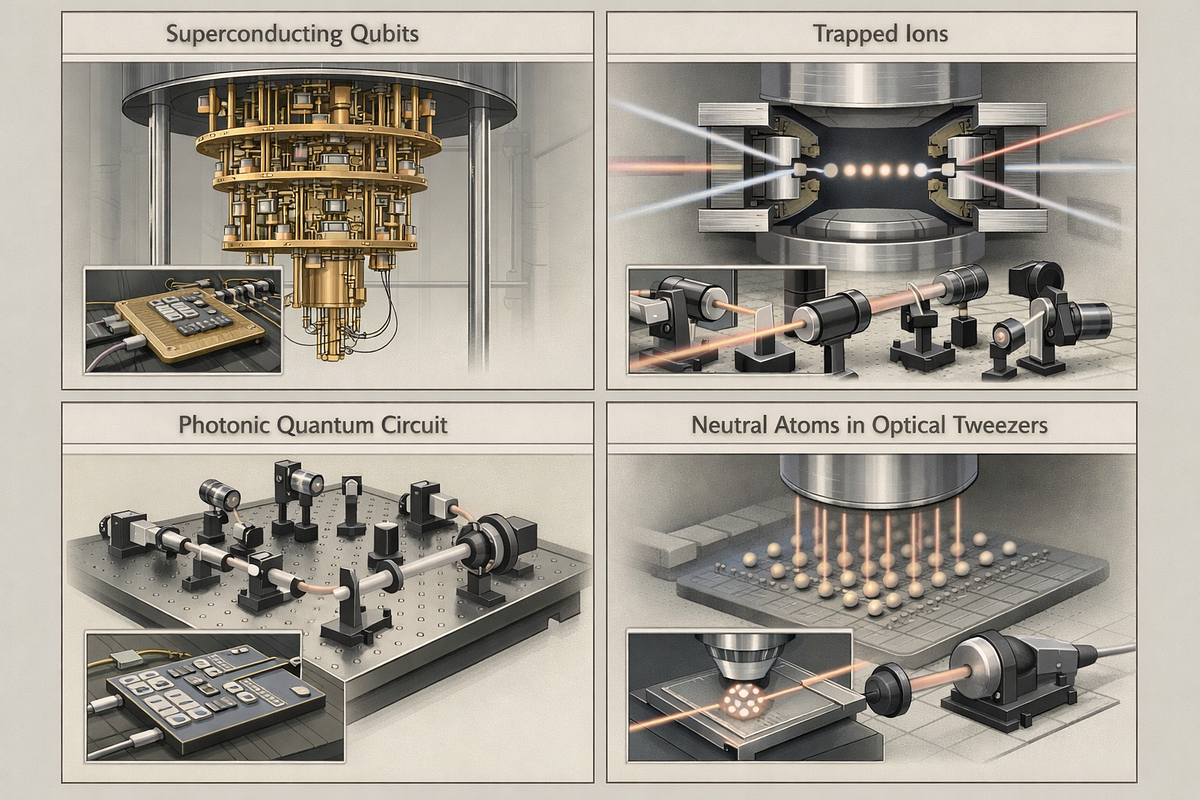 Comparison of quantum computing architectures including superconducting qubits, trapped ions, photonic systems, and neutral atom platforms.