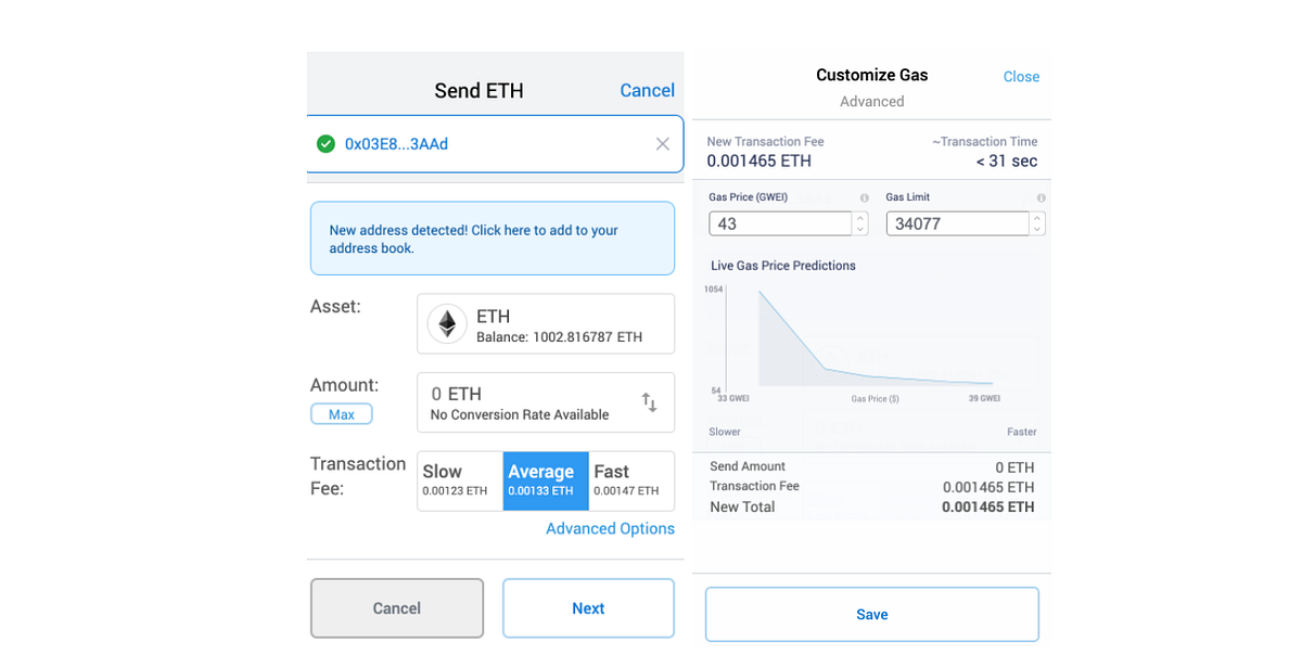 Somewhat complex Metamask UI for managing transaction fees.