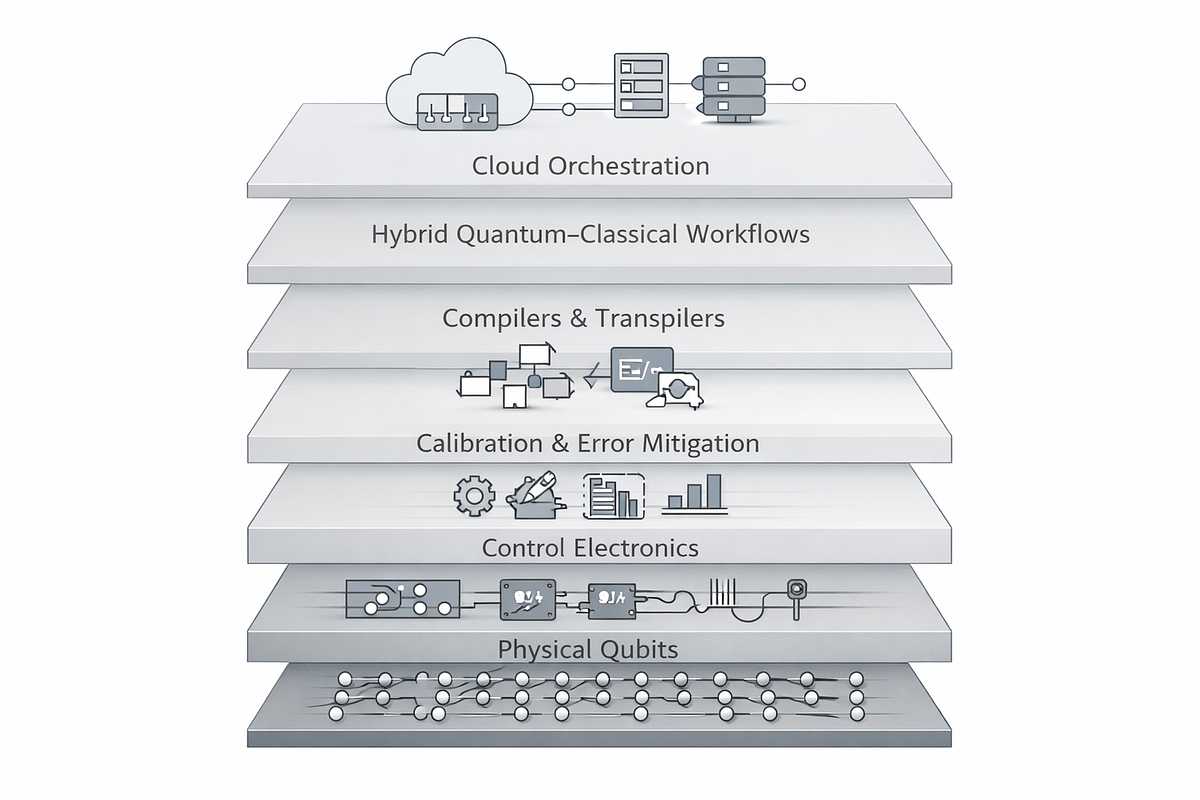 Layered architecture of a quantum computing system from physical qubits to cloud-based orchestration and hybrid workflows.