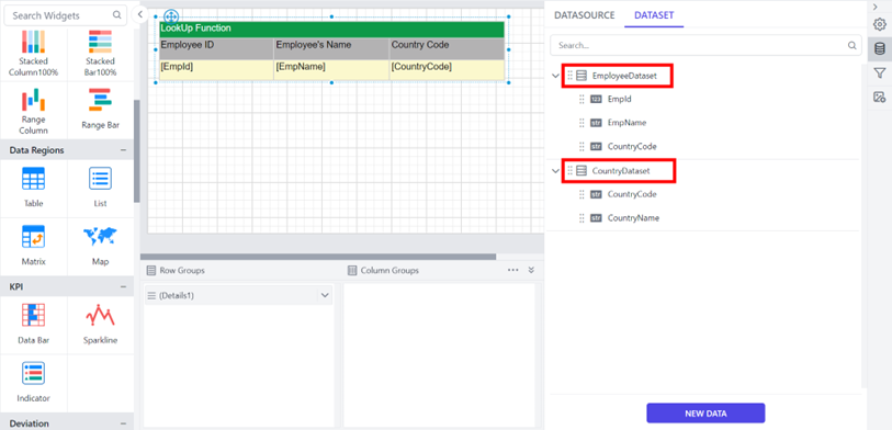 Design area showing created datasets and values from EmployeeDataset assigned to the table