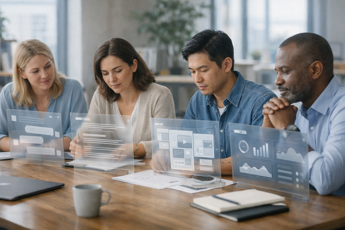 A diverse group of professionals collaborating at a shared table, using transparent digital interfaces that display summaries, dashboards, and evolving documents, illustrating how AI supports everyday decision-making at work.