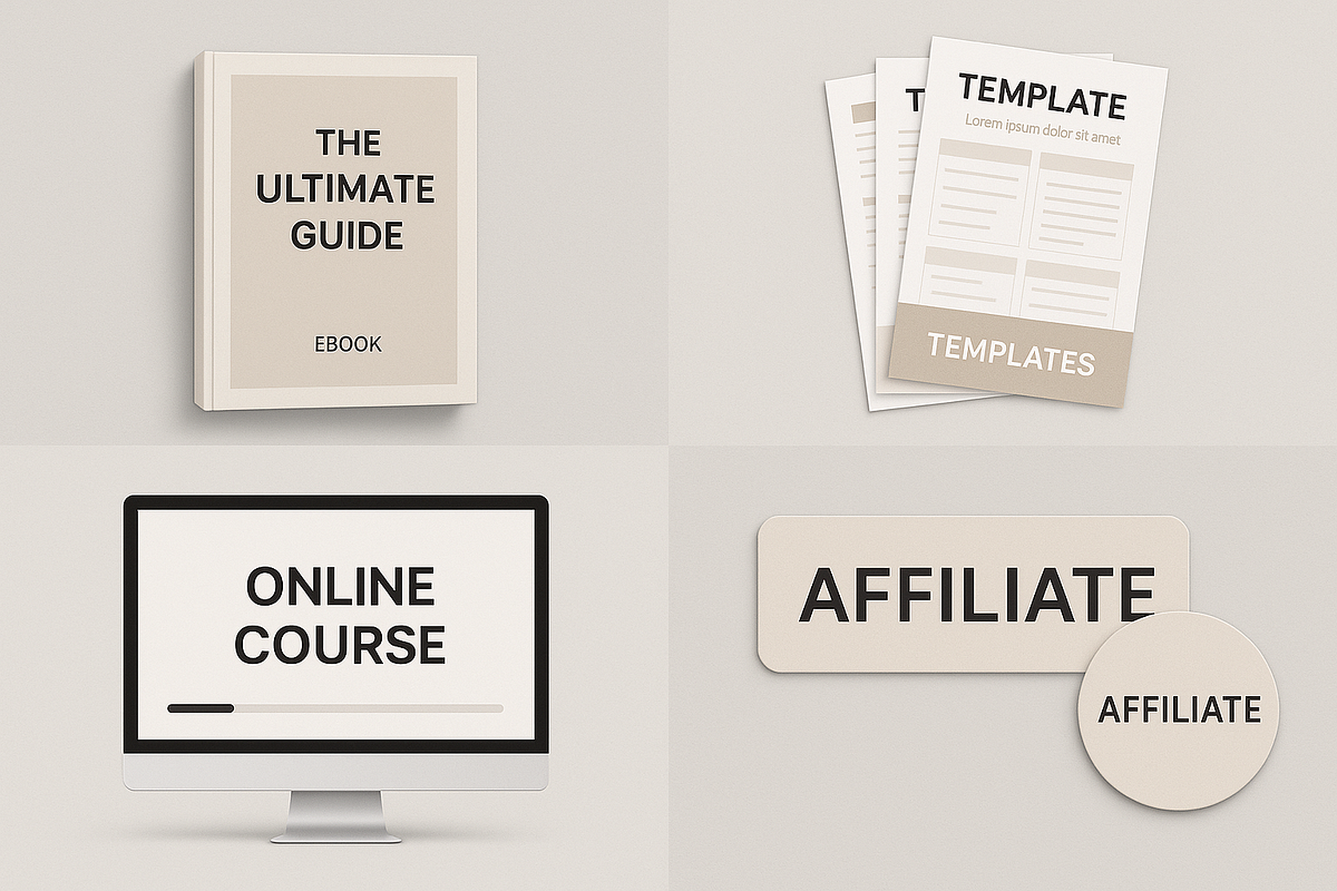 “Digital product examples such as ebooks, templates, and courses for 1 click businesses.”