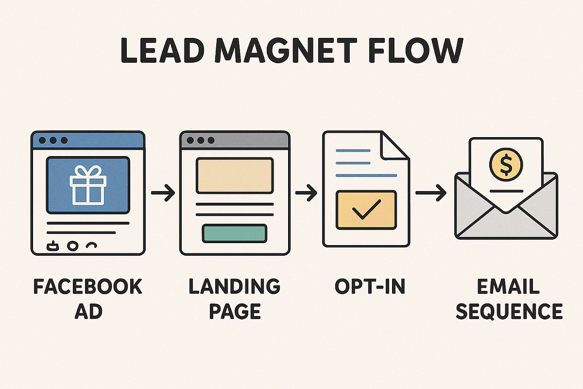 Lead magnet funnel diagram showing the automated journey from ad to opt-in to email sequence.