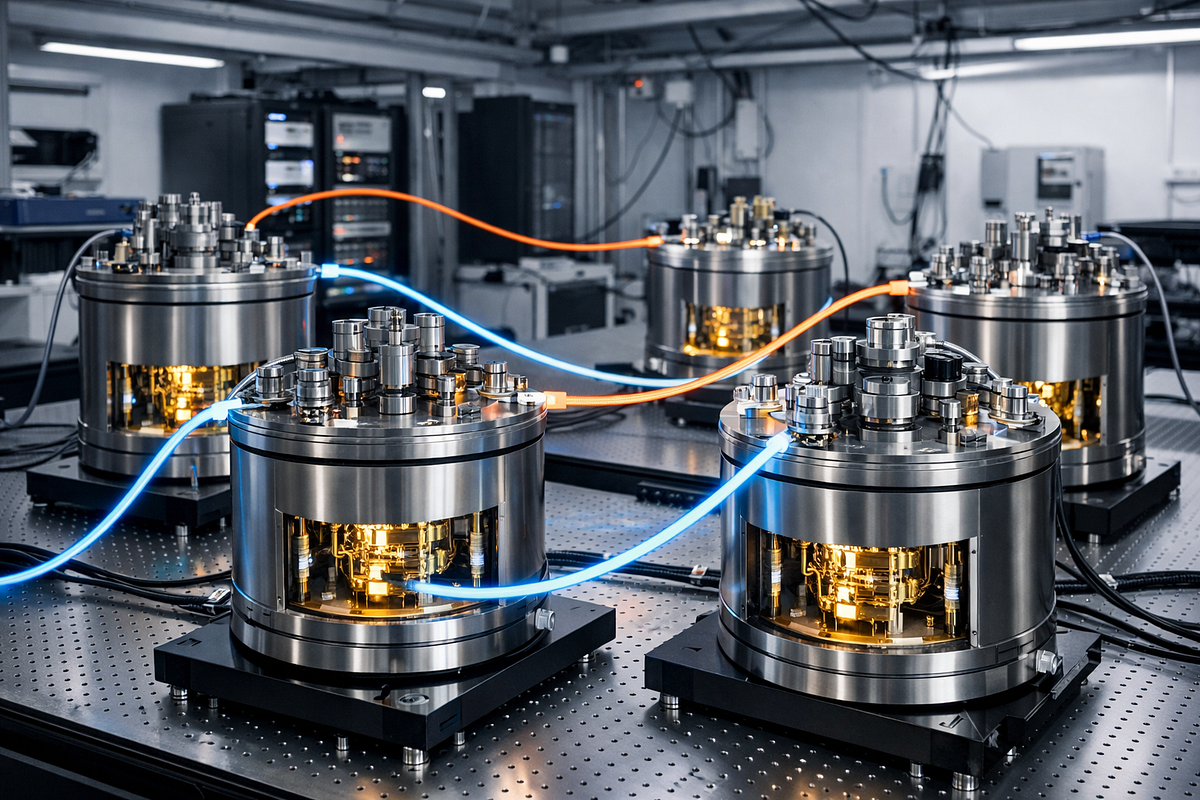 Conceptual modular quantum computing system with multiple interconnected cryogenic processor units.