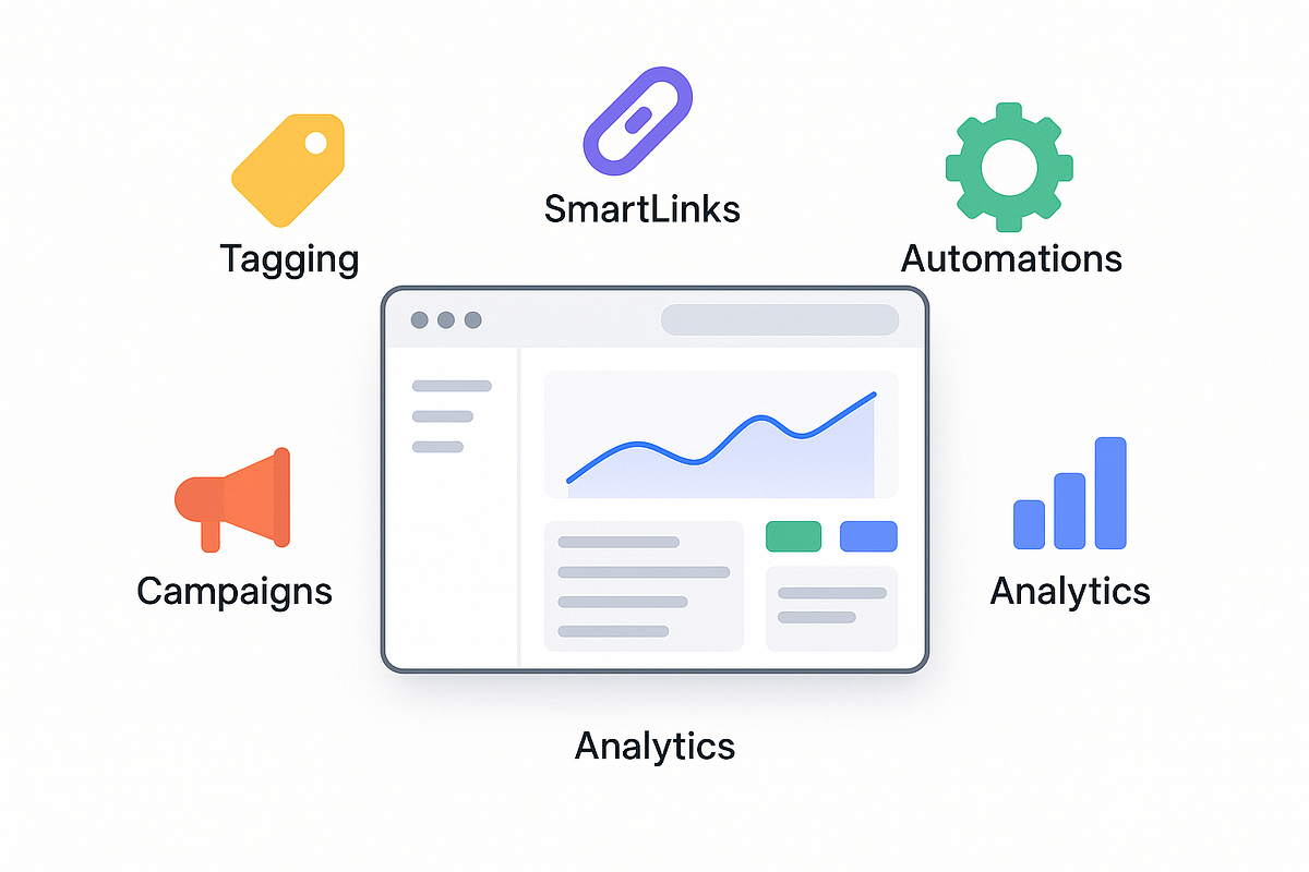 Illustration of an email marketing dashboard with icons for tagging, automations, and analytics.