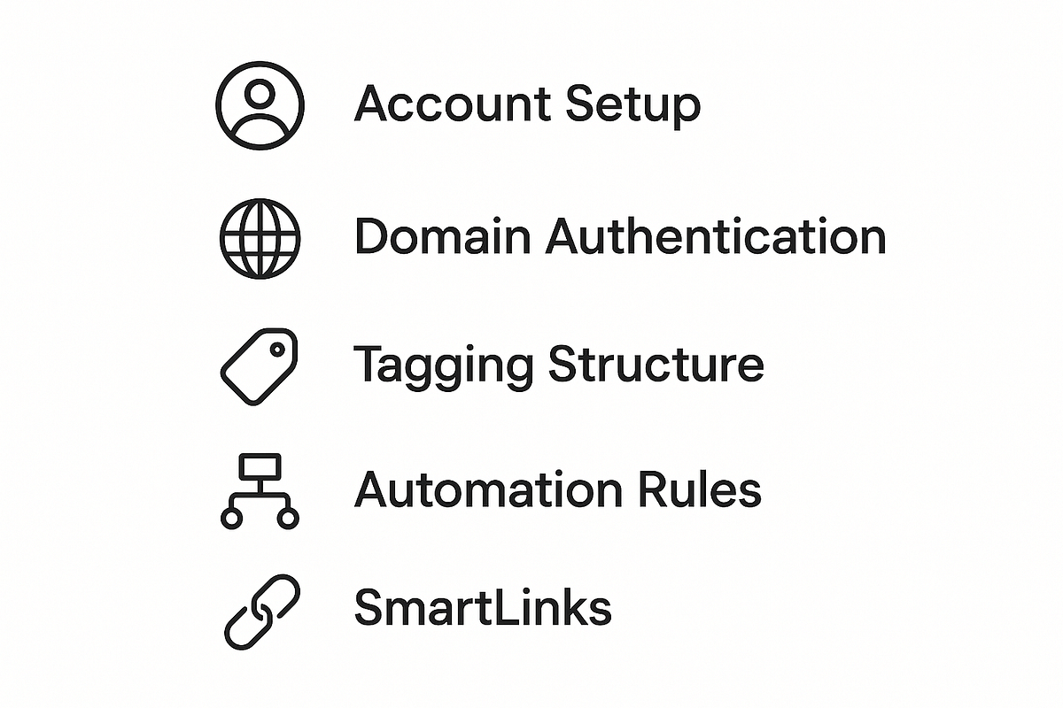 Checklist graphic showing essential setup steps for starting with an email marketing platform.