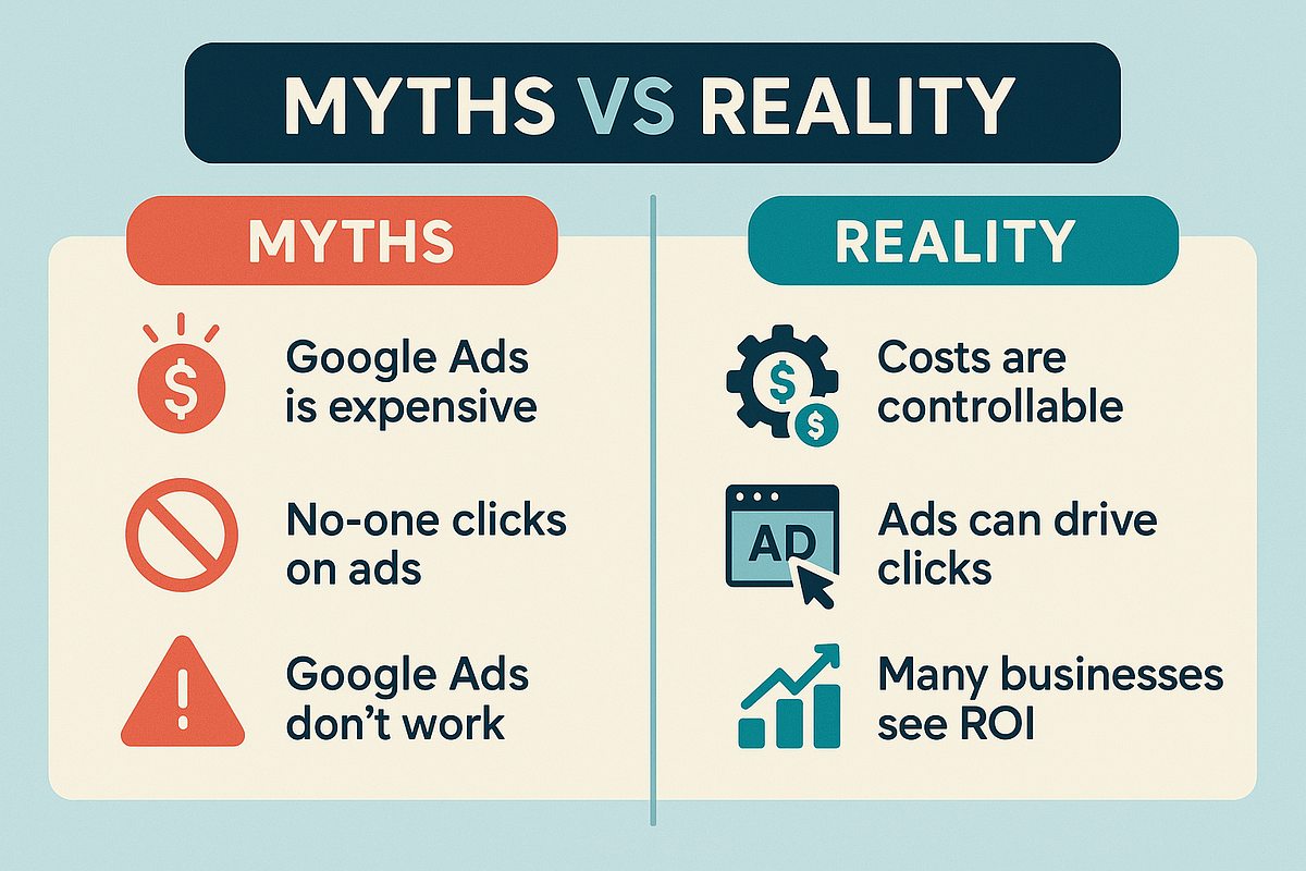 Graphic contrasting Google Ads myths with real PPC fundamentals.