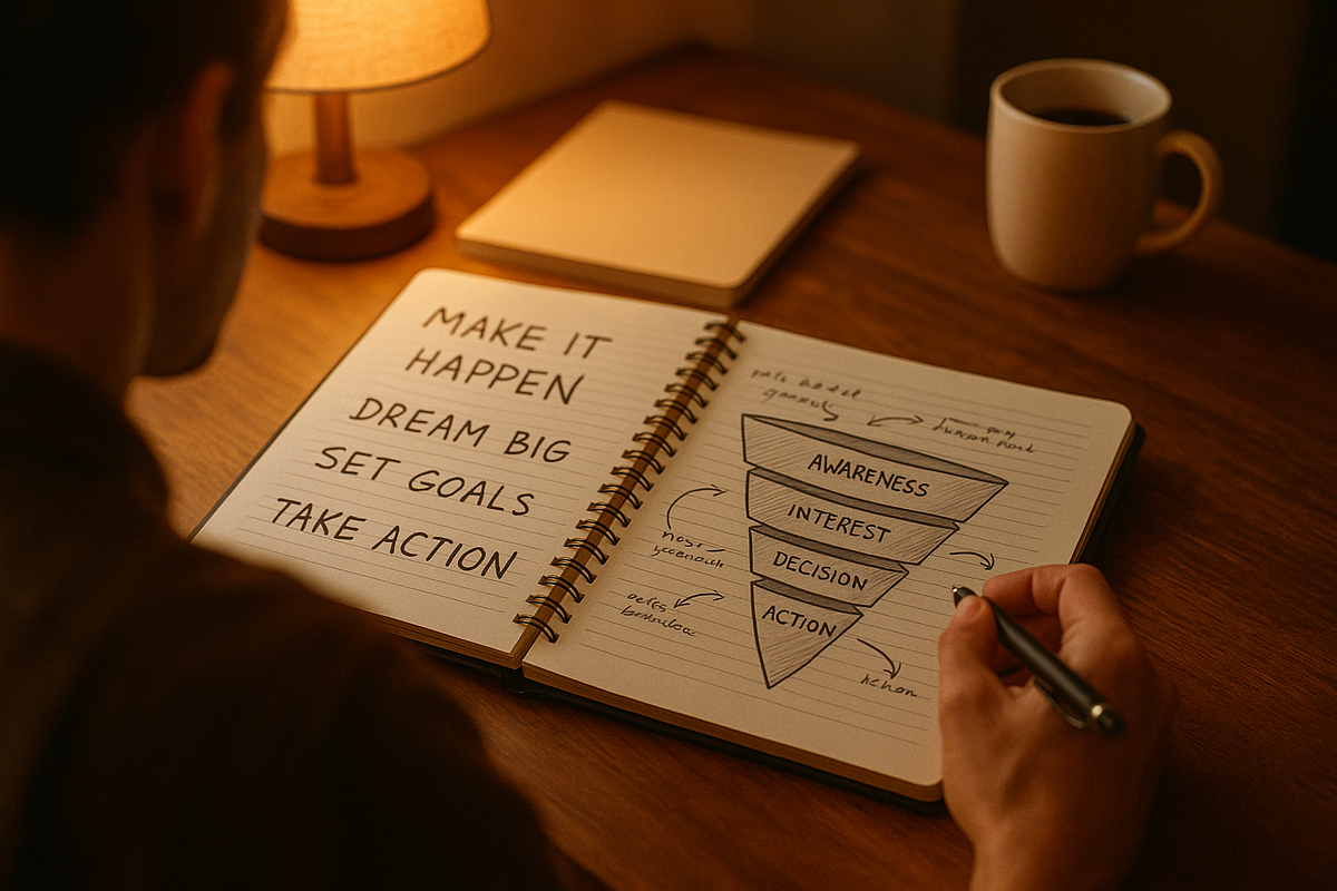 “Person reviewing funnel strategy notes while sitting at a desk.”