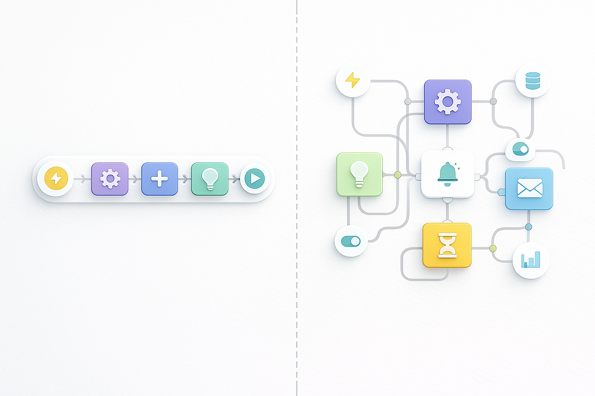 Comparison of linear email funnels and modular event-driven automation systems.