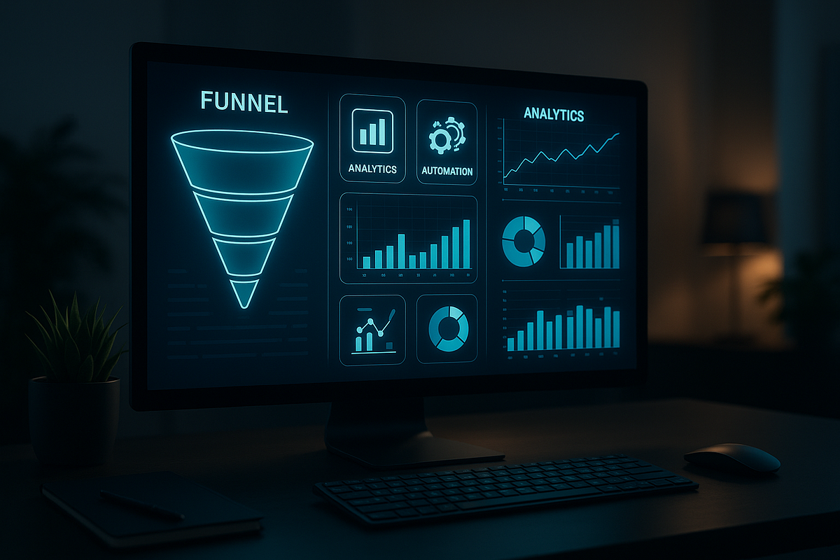 “Digital marketer using FunnelCockpit dashboard to build and optimize sales funnels on a modern workspace screen.”