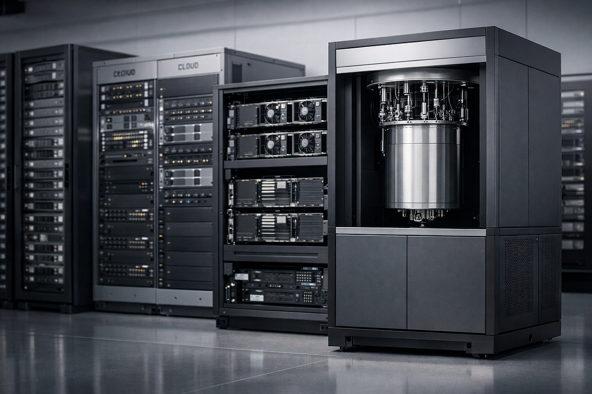 Hybrid enterprise computing architecture showing a quantum computing system integrated alongside classical servers and AI infrastructure.