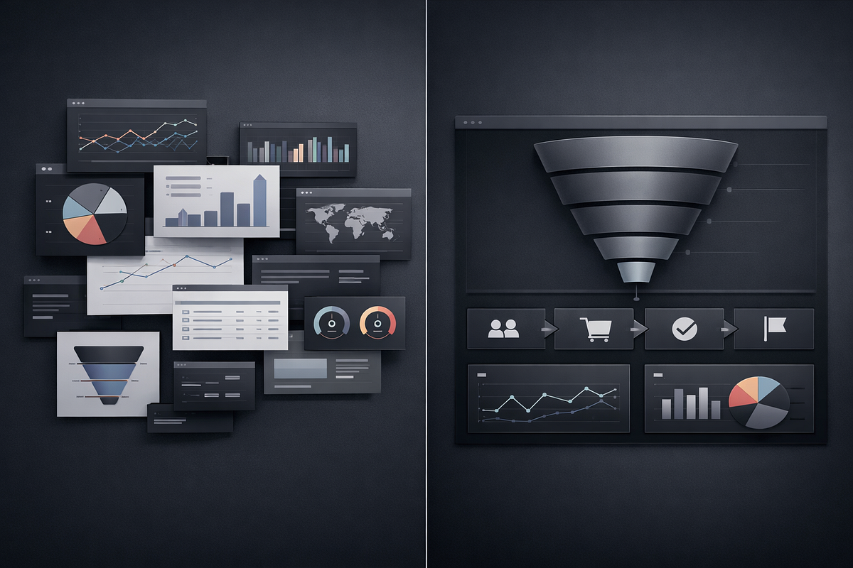Comparison between fragmented funnel analytics and a centralized conversion-focused dashboard.