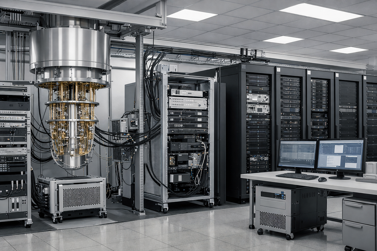 Visualization of a future quantum computing system integrated with classical high-performance computing infrastructure.