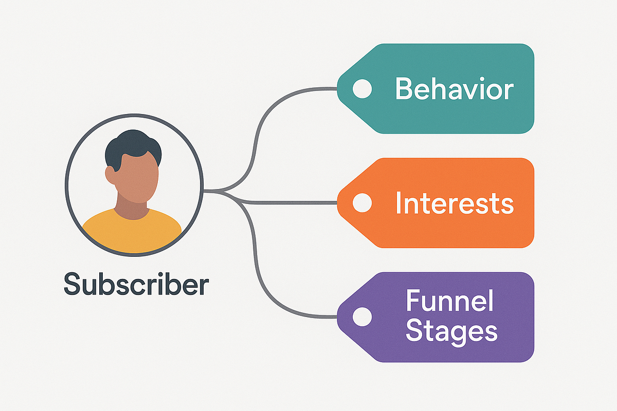 Illustration of an email subscriber linked to multiple tags representing segmentation.