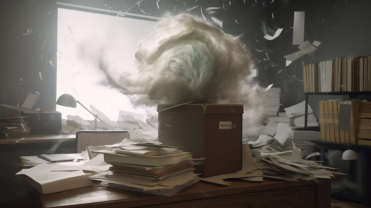 An image of a tornado in an office with several documents floating in the air.