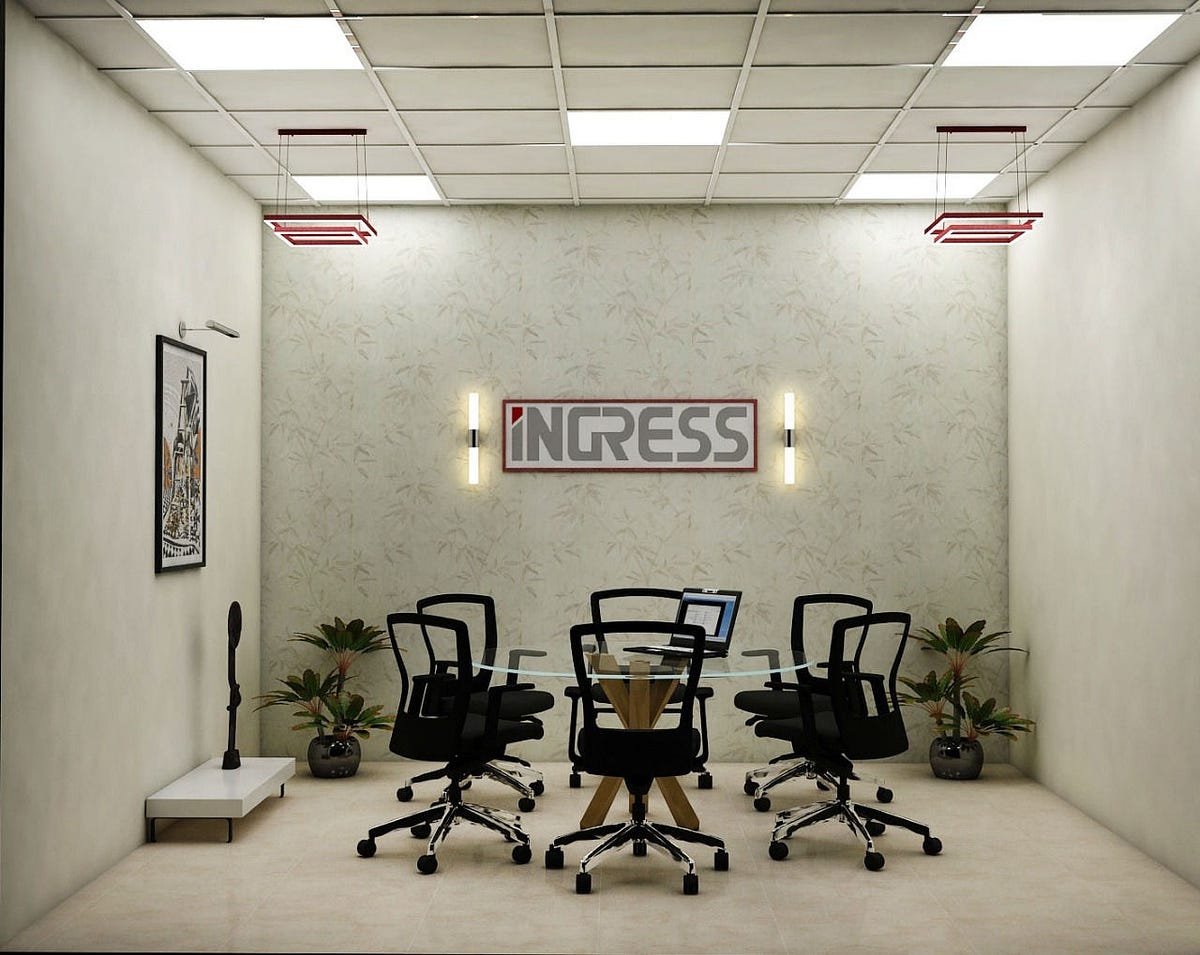 A modern office conference room featuring a round glass-top table, ergonomic black chairs, ambient lighting, and minimalistic wall art — designed by ArchitectsHive, the best interior designer in Gurugram. This workspace reflects the expertise of an interior designer in Gurugram, combining functionality with elegant decor. Thoughtfully styled by interior decorators in Gurugram to enhance productivity and aesthetics.