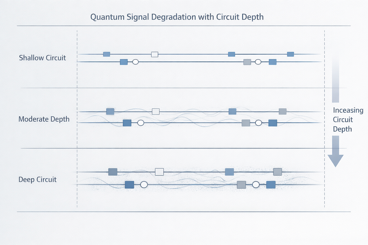 Visualization of noise and error accumulation in quantum computing systems, demonstrating how hardware limitations affect circuit depth and reliability.