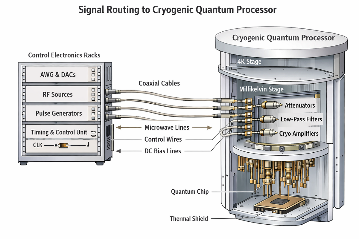 Diagram showing classical control electronics sending signals to qubits inside a cryogenic quantum computer.