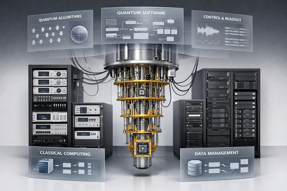 Systems-level illustration of a quantum computing architecture showing a quantum processor integrated with control electronics, classical computing infrastructure, and software layers.