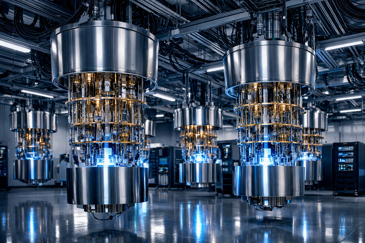 Concept art of a future quantum computing data center with multiple cryogenic systems