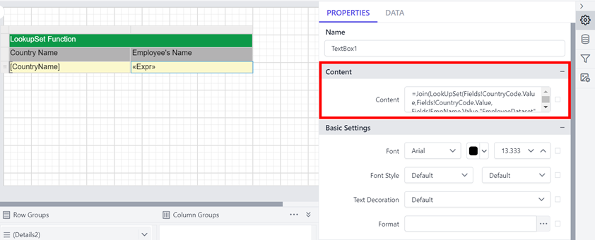 The LookUpSet expression added in the content field to retrieve the values from the EmployeeDataset.