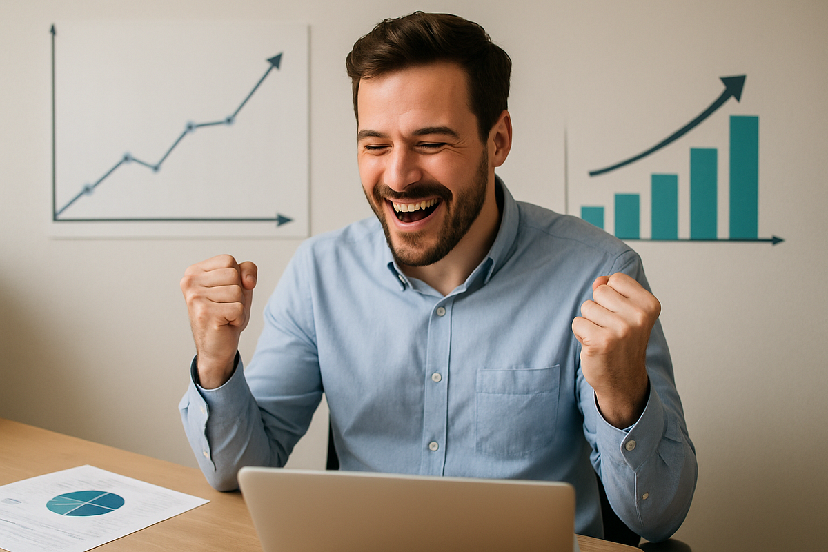 “Online entrepreneur celebrating higher conversion rates after switching to FunnelCockpit.”