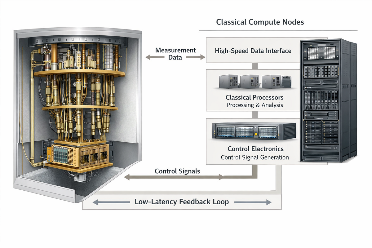 Diagram of a hybrid quantum–classical system with low-latency feedback between measurement and control.