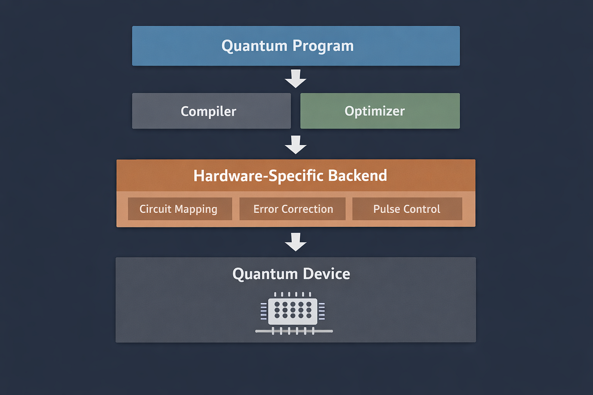 Visualization of the quantum software stack showing compilers translating high-level programs into hardware-executable instructions.