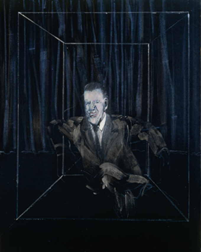 Francis Bacon painting of a man floating in a box. 