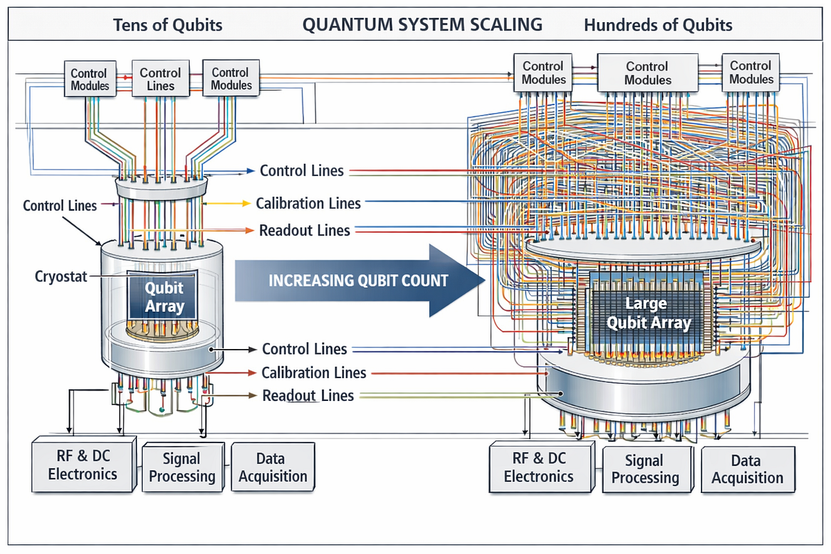 Technical illustration showing how control lines and calibration complexity scale faster than qubit count in quantum computing systems.