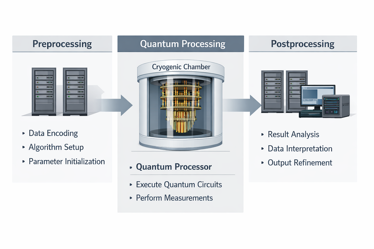 Diagram showing a hybrid classical–quantum computing workflow with classical preprocessing, quantum execution, and classical postprocessing.