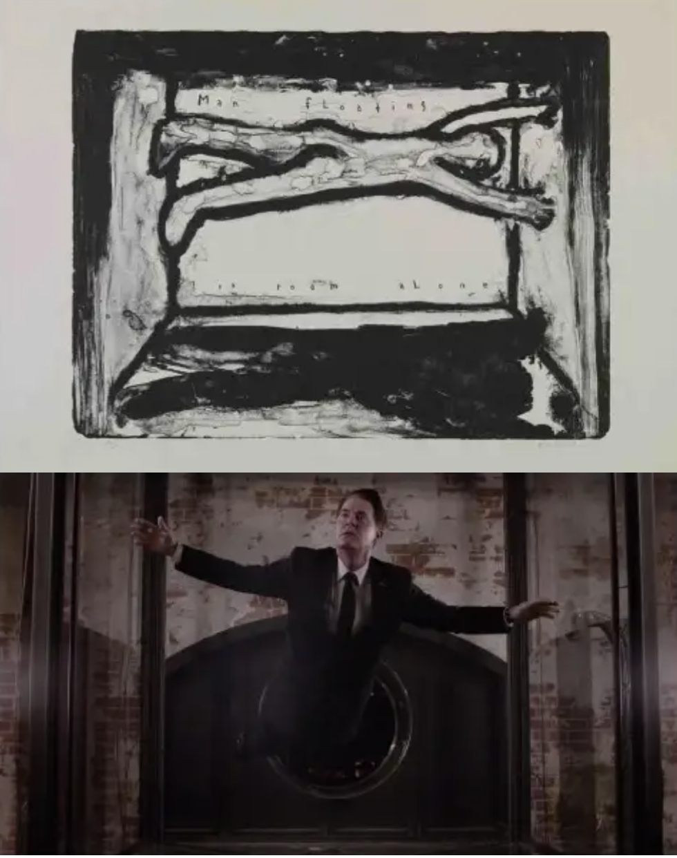 Top: a drawing of a man floating in a room. Bottom: Dale Cooper floating in the Glass Box.