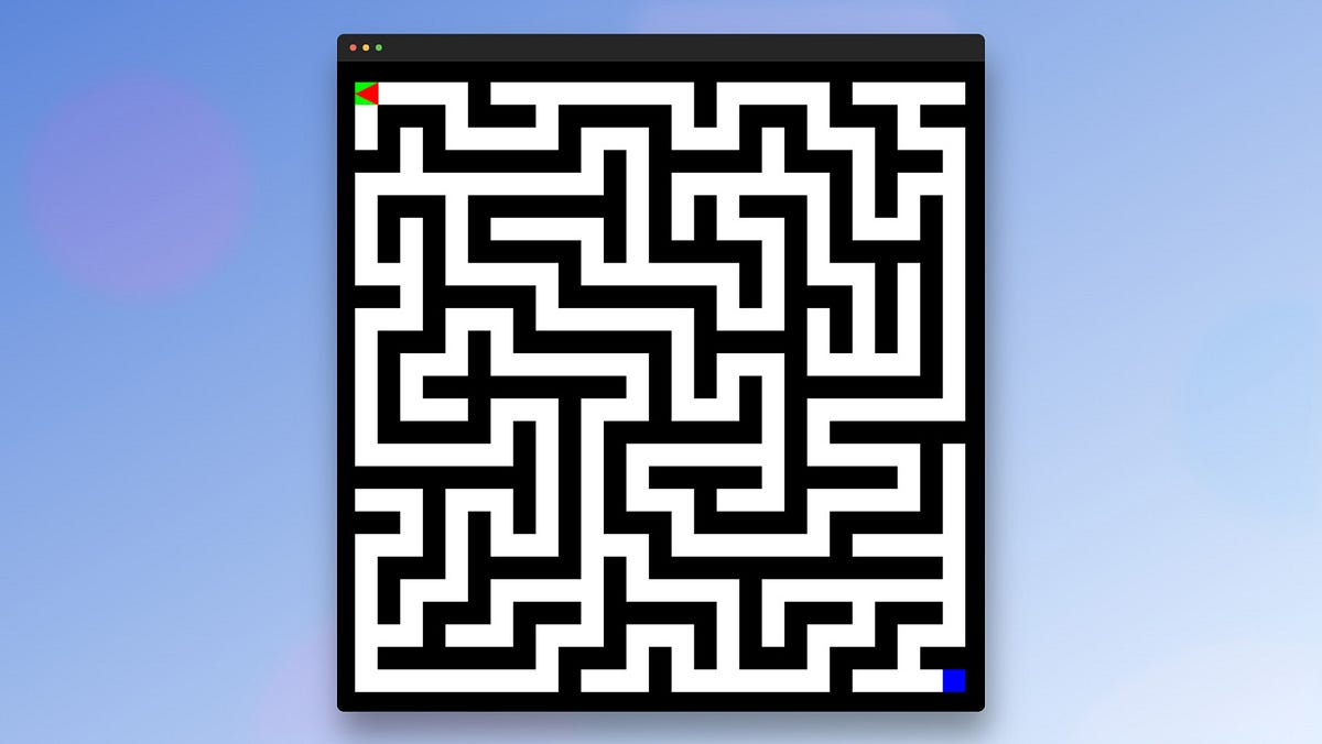 A screenshot of the generated maze by the Maze class that also shows the start point as green and the end point as blue points. The mouse, represented as a red triangle, is at the start point.