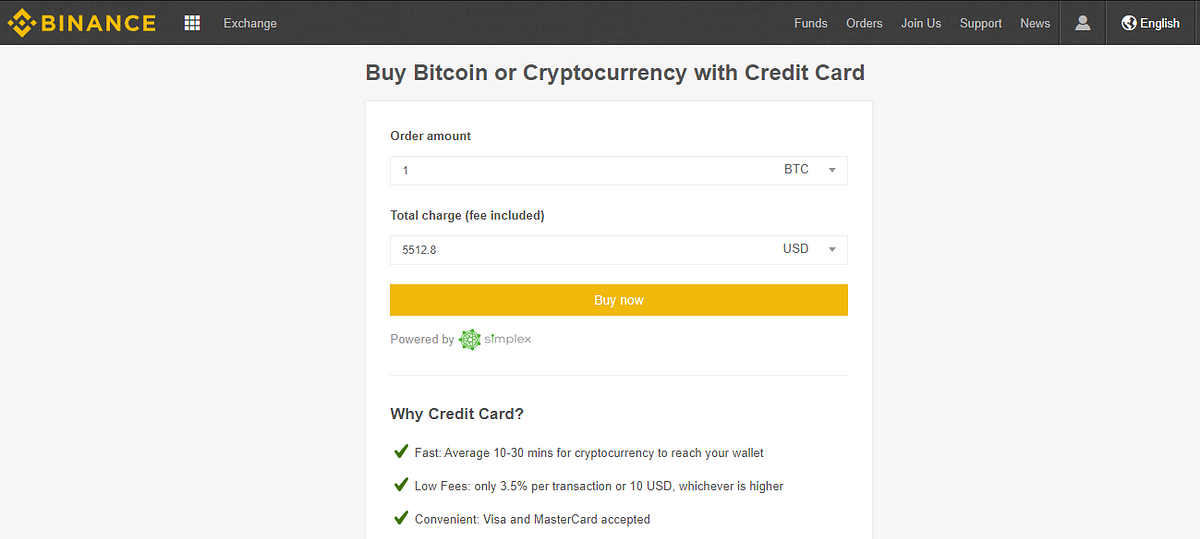 Binance buy bitcoin or cryptocurrency with credit card page.
