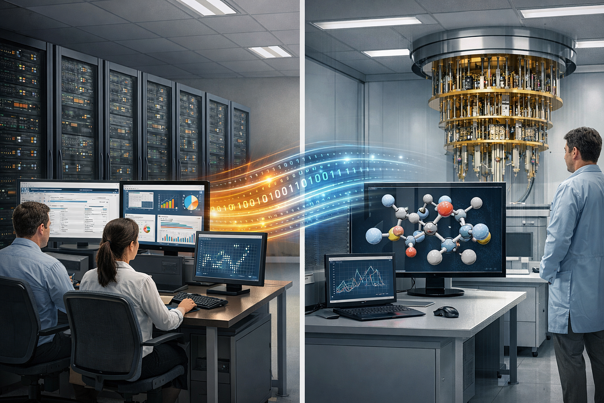Split illustration showing classical computers handling general workloads and a quantum computer performing specialized simulations.