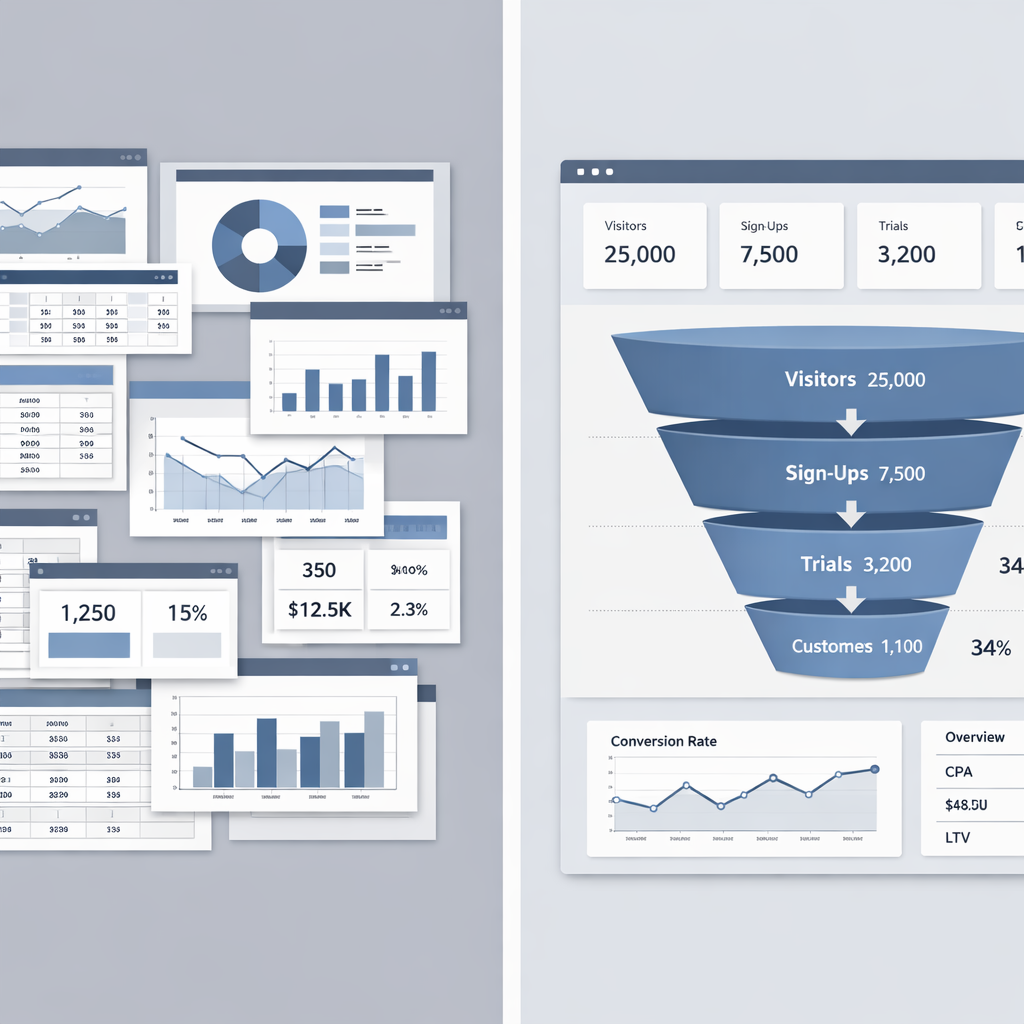 Comparison between fragmented funnel tracking tools and a centralized funnel analytics control dashboard.